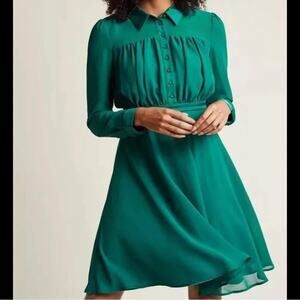 ModCloth Emerald Green Vintage-Inspired Long Sleeve Chiffon Mini Dress Size L